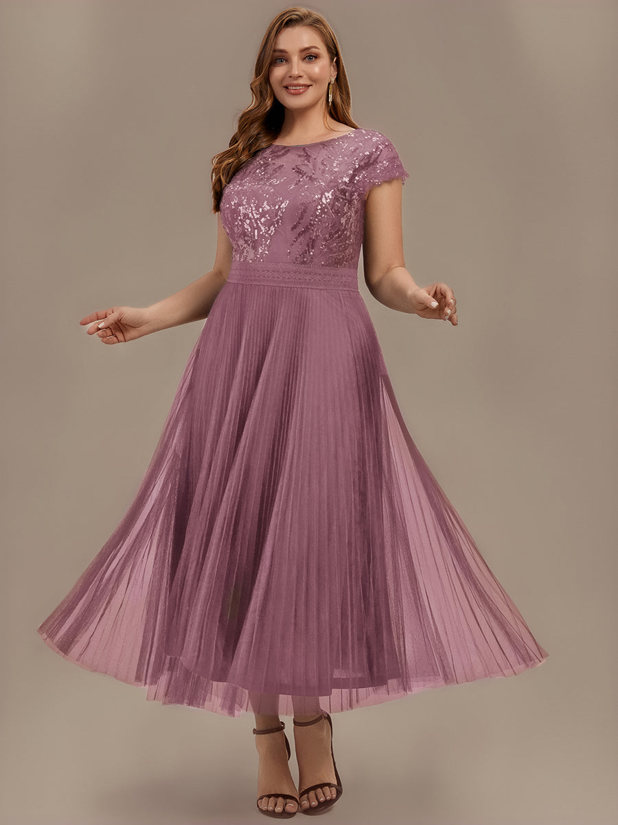 Color=Purple Orchid | One Stop Shop Short Sleeve Cap Sequin Round Neck A-Line Tea Length Wedding Guest Dresses-Purple Orchid 50