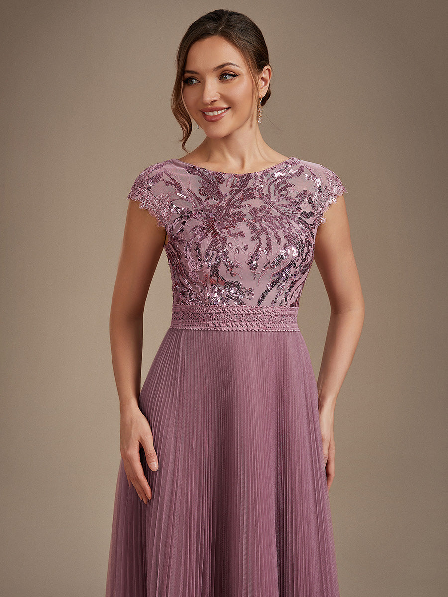 Color=Purple Orchid | One Stop Shop Short Sleeve Cap Sequin Round Neck A-Line Tea Length Wedding Guest Dresses-Purple Orchid 43