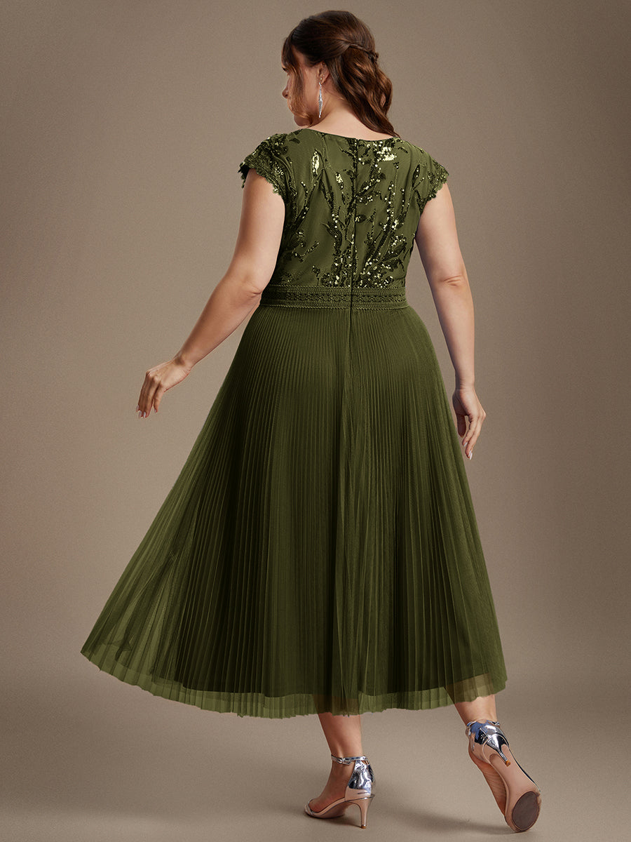 Color=Olive Green | One Stop Shop Short Sleeve Cap Sequin Round Neck A-Line Tea Length Wedding Guest Dresses-Olive Green 57