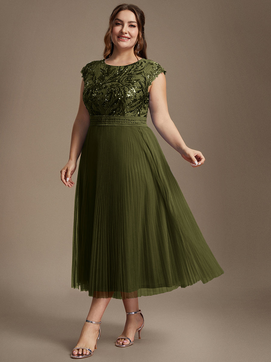 Color=Olive Green | One Stop Shop Short Sleeve Cap Sequin Round Neck A-Line Tea Length Wedding Guest Dresses-Olive Green 59