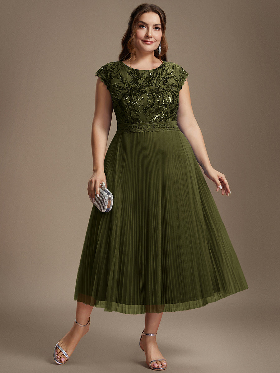 Color=Olive Green | One Stop Shop Short Sleeve Cap Sequin Round Neck A-Line Tea Length Wedding Guest Dresses-Olive Green 60