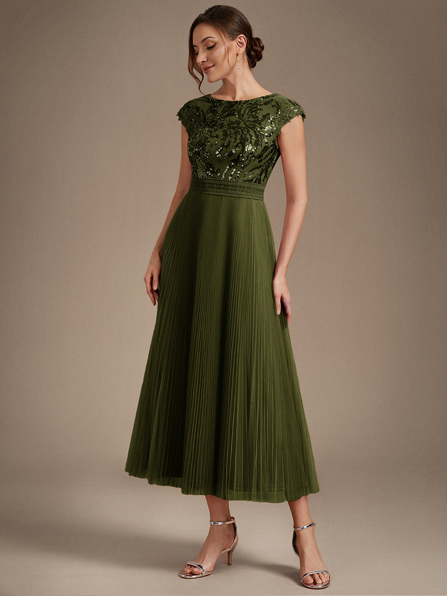 Color=Olive Green | One Stop Shop Short Sleeve Cap Sequin Round Neck A-Line Tea Length Wedding Guest Dresses-Olive Green 54