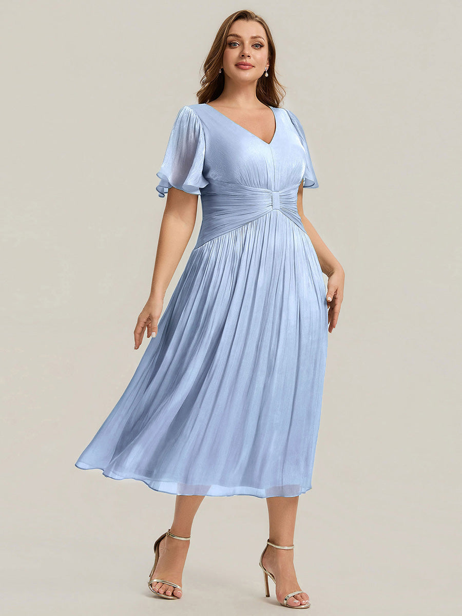 Color=Dusty Blue | Factory Design Short Sleeve Ruffle V-Neck A-Line Tea Length Wedding Guest Dresses-Dusty Blue 9