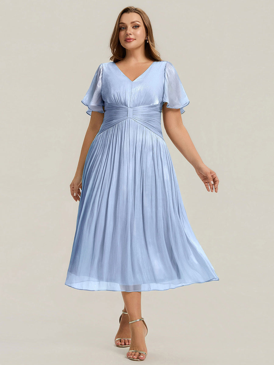 Color=Dusty Blue | Factory Design Short Sleeve Ruffle V-Neck A-Line Tea Length Wedding Guest Dresses-Dusty Blue 10