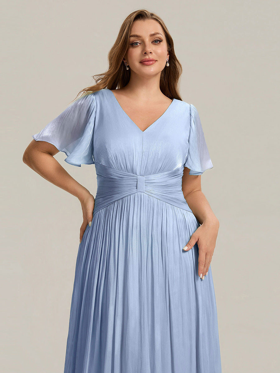 Color=Dusty Blue | Factory Design Short Sleeve Ruffle V-Neck A-Line Tea Length Wedding Guest Dresses-Dusty Blue 8