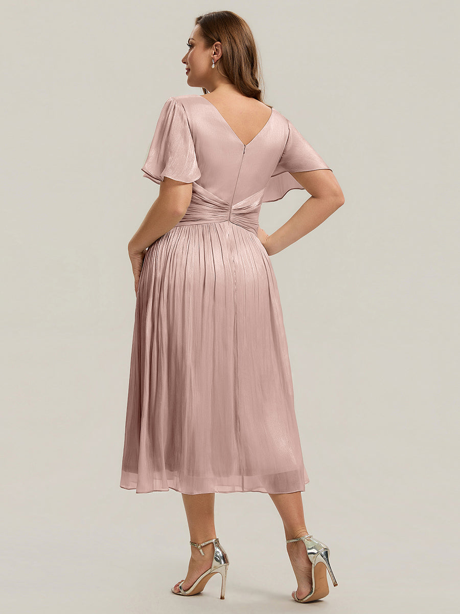 Color=Dusty Rose | B2B-Exclusive Short Sleeve Ruffle V-Neck A-Line Tea Length Wedding Guest Dresses-Dusty Rose 7