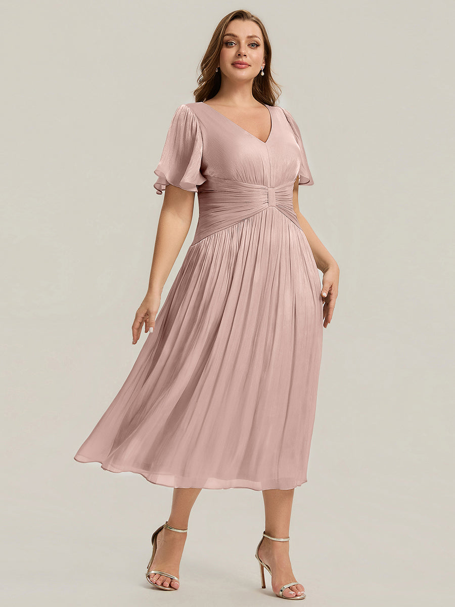 Color=Dusty Rose | B2B-Exclusive Short Sleeve Ruffle V-Neck A-Line Tea Length Wedding Guest Dresses-Dusty Rose 9