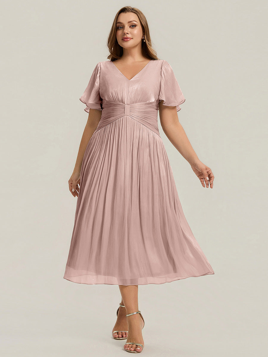 Color=Dusty Rose | B2B-Exclusive Short Sleeve Ruffle V-Neck A-Line Tea Length Wedding Guest Dresses-Dusty Rose 10