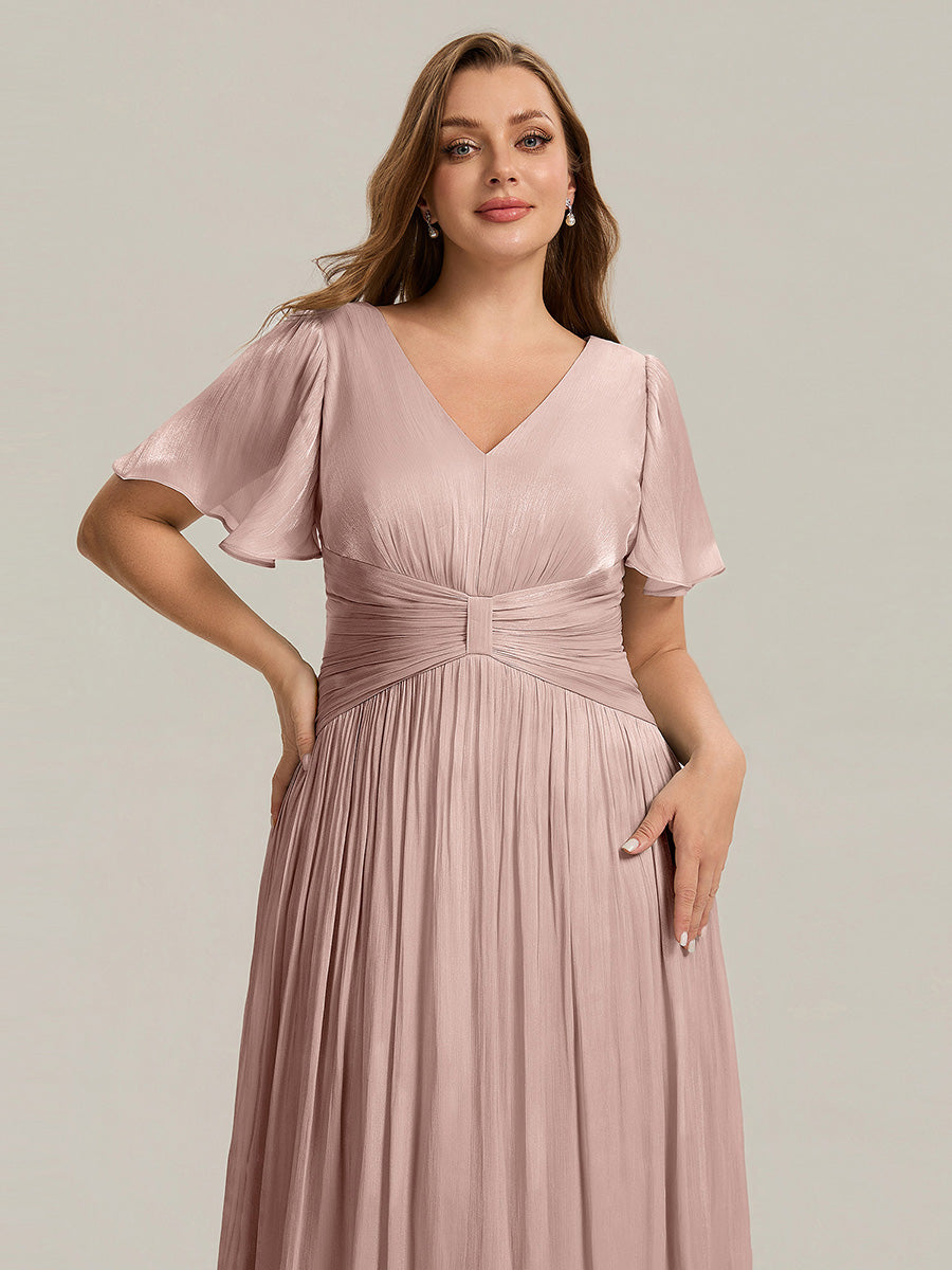 Color=Dusty Rose | B2B-Exclusive Short Sleeve Ruffle V-Neck A-Line Tea Length Wedding Guest Dresses-Dusty Rose 8