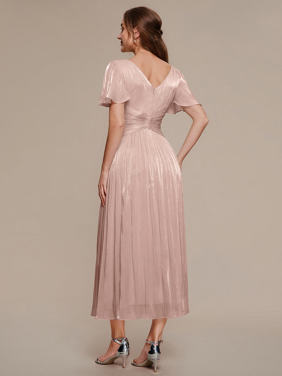 Color=Dusty Rose | B2B-Exclusive Short Sleeve Ruffle V-Neck A-Line Tea Length Wedding Guest Dresses-Dusty Rose 2
