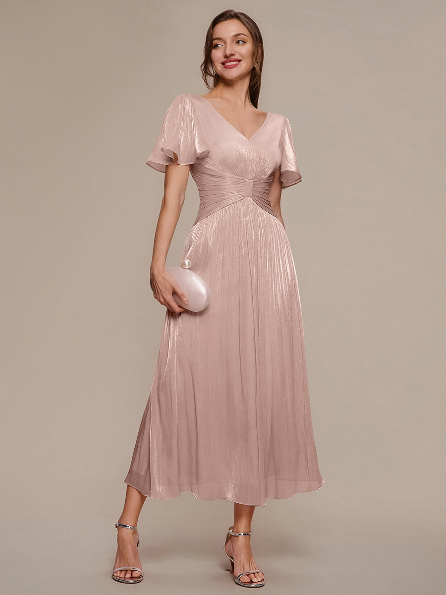 Color=Dusty Rose | B2B-Exclusive Short Sleeve Ruffle V-Neck A-Line Tea Length Wedding Guest Dresses-Dusty Rose 5