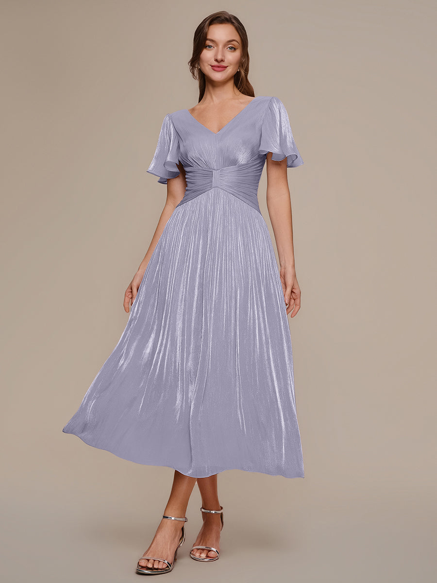 Color=Frosted Lilac | Wholesale Pricing Short Sleeve Ruffle Appliques Deep V-Neck A-Line Floor Length Evening Dresses-Frosted Lilac 1