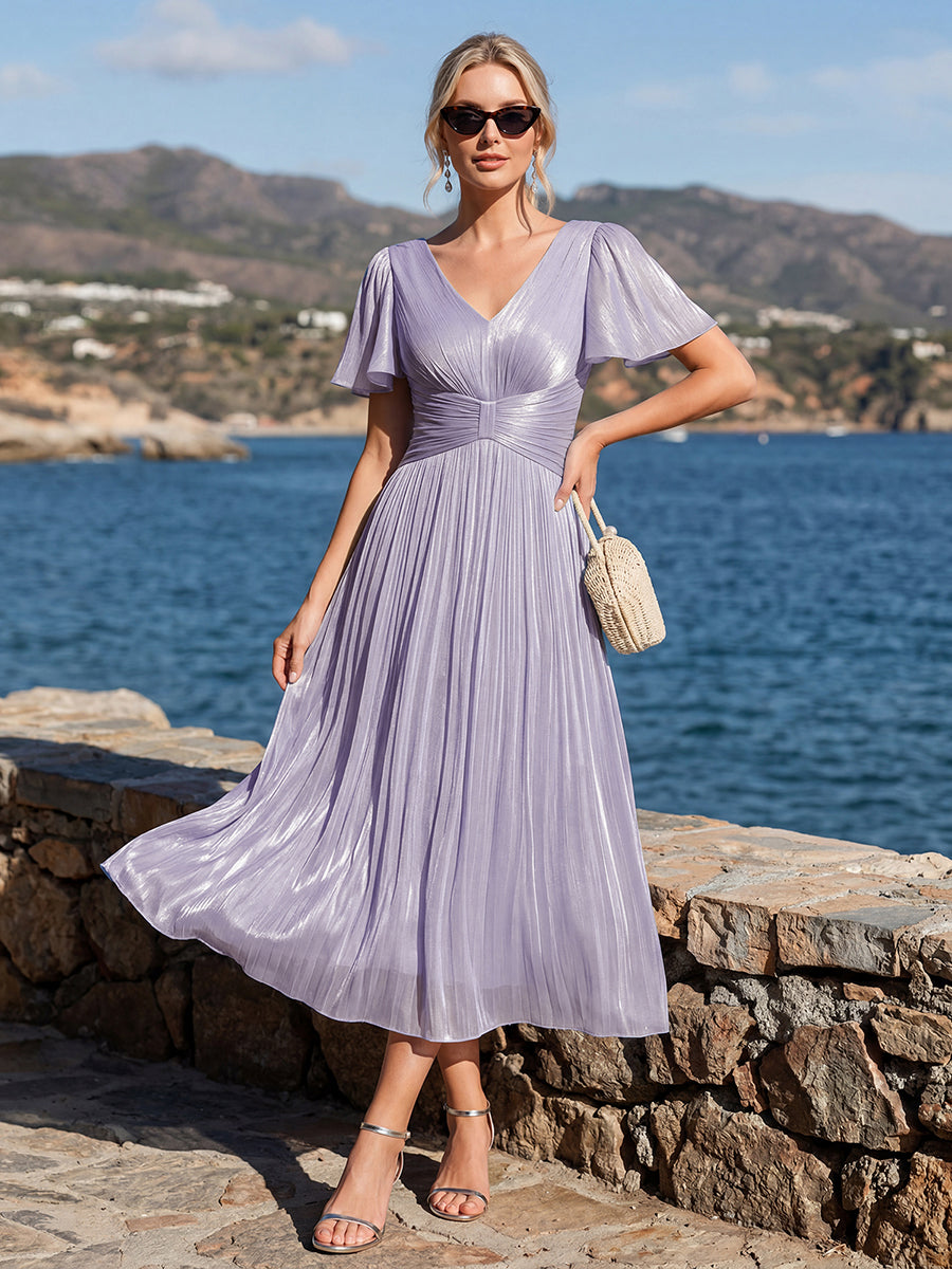 Color=Frosted Lilac | Wholesale Pricing Short Sleeve Ruffle Appliques Deep V-Neck A-Line Floor Length Evening Dresses-Frosted Lilac 6