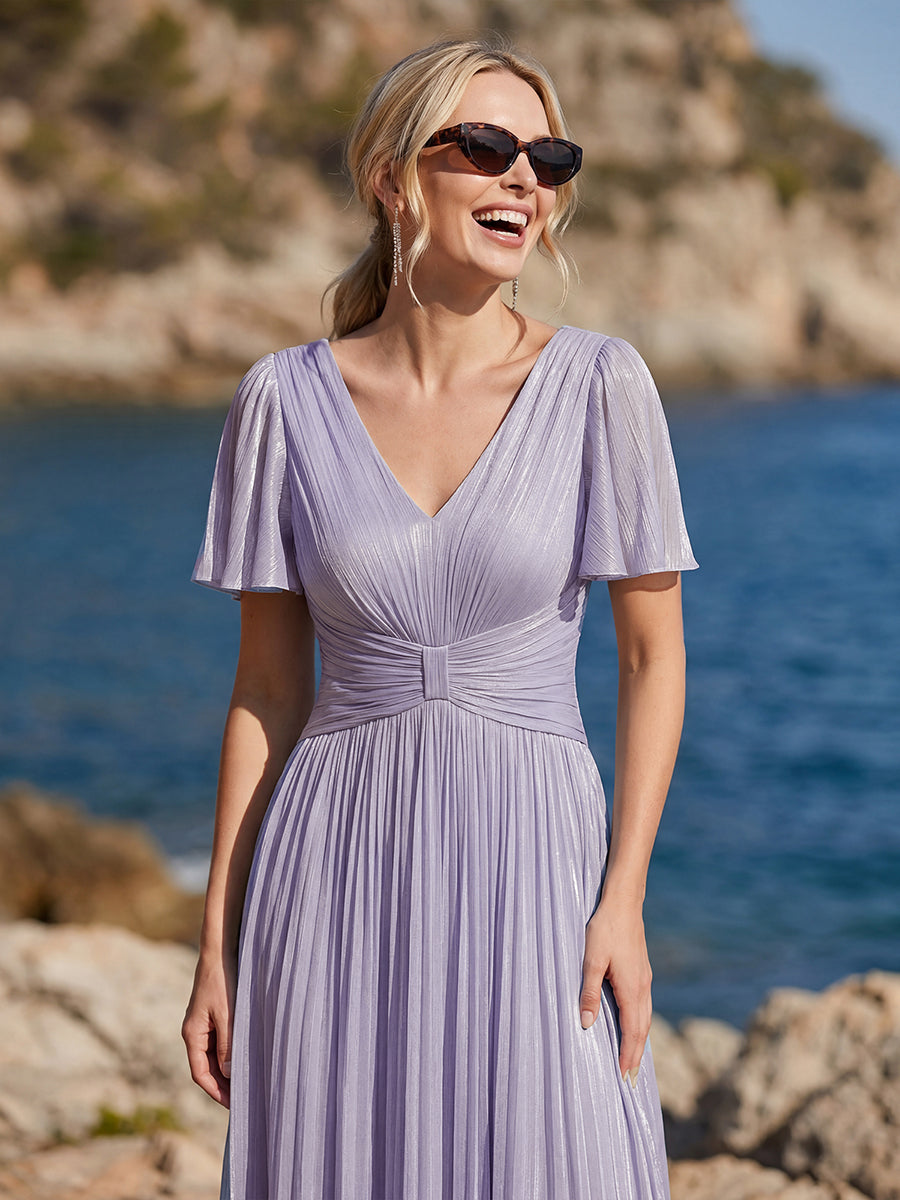 Color=Frosted Lilac | Wholesale Pricing Short Sleeve Ruffle Appliques Deep V-Neck A-Line Floor Length Evening Dresses-Frosted Lilac 8