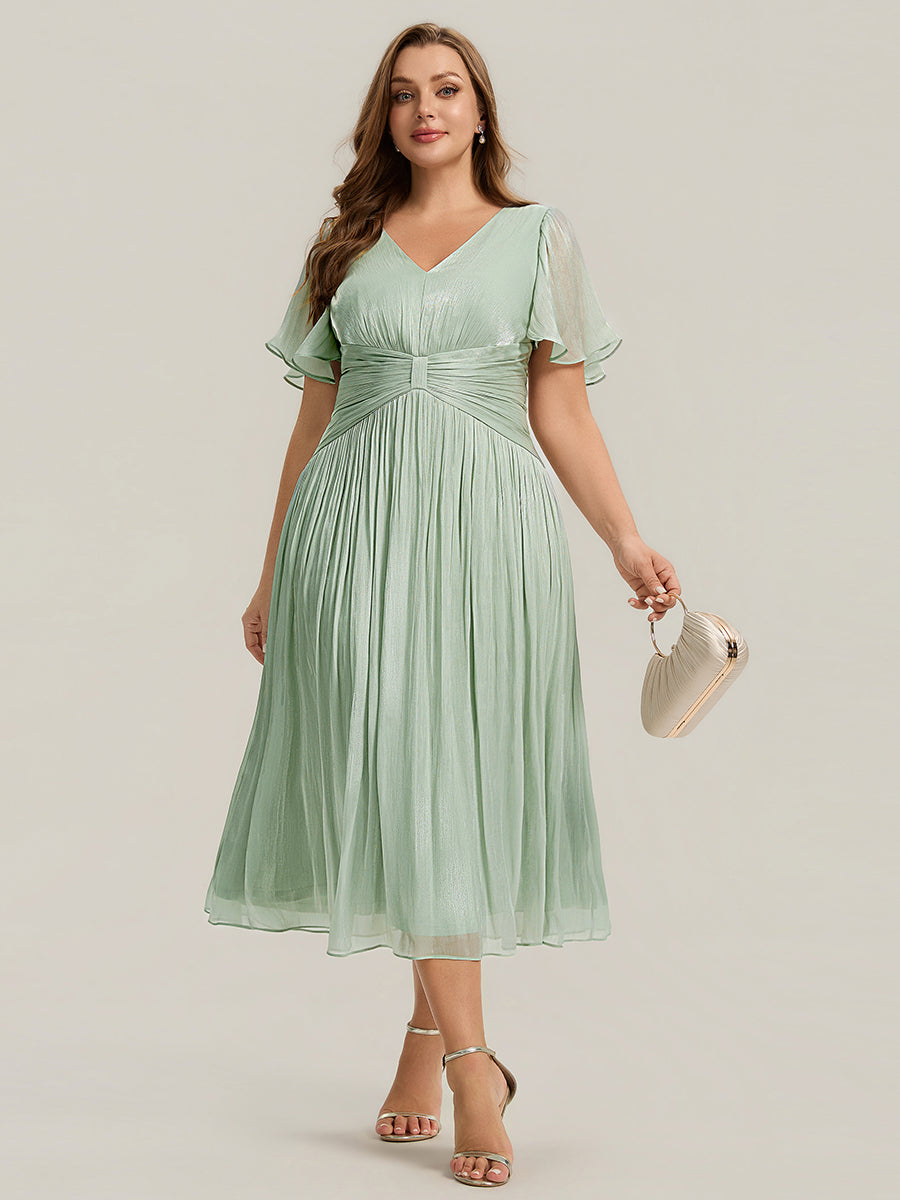 Color=Mint Green | B2B-Exclusive Short Sleeve Ruffle V-Neck A-Line Tea Length Wedding Guest Dresses-Mint Green 16