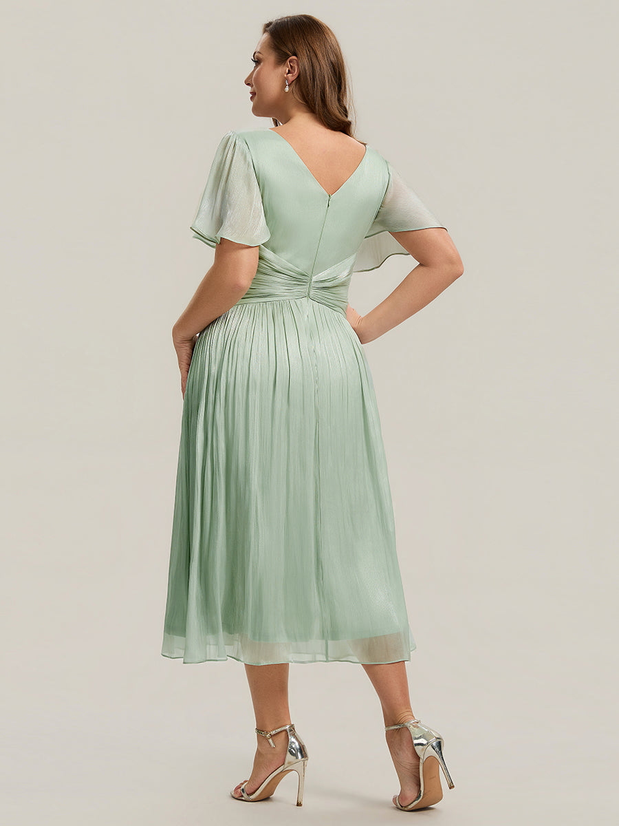 Color=Mint Green | B2B-Exclusive Short Sleeve Ruffle V-Neck A-Line Tea Length Wedding Guest Dresses-Mint Green 17