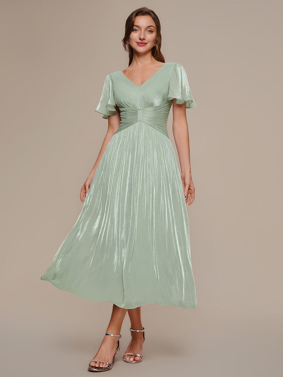 Color=Mint Green | B2B-Exclusive Short Sleeve Ruffle V-Neck A-Line Tea Length Wedding Guest Dresses-Mint Green 11