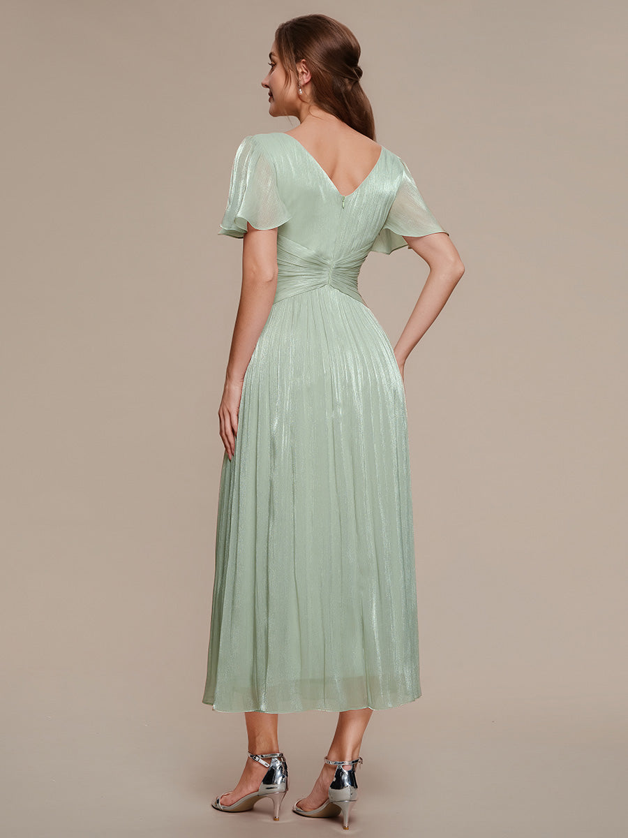 Color=Mint Green | B2B-Exclusive Short Sleeve Ruffle V-Neck A-Line Tea Length Wedding Guest Dresses-Mint Green 12