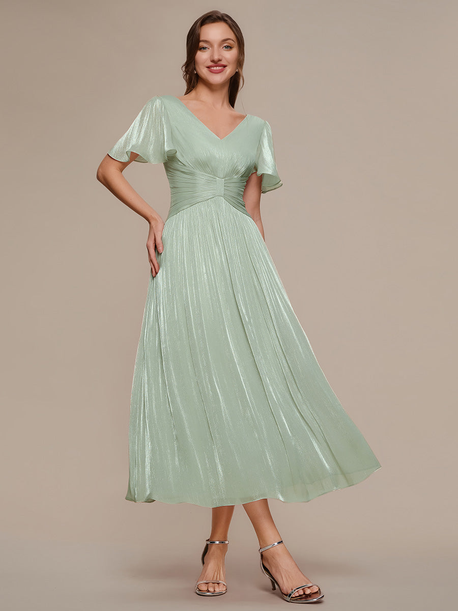 Color=Mint Green | B2B-Exclusive Short Sleeve Ruffle V-Neck A-Line Tea Length Wedding Guest Dresses-Mint Green 14