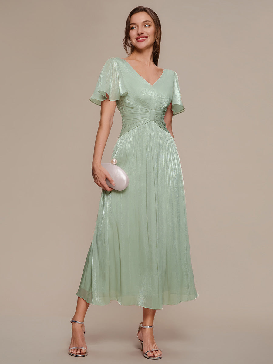 Color=Mint Green | B2B-Exclusive Short Sleeve Ruffle V-Neck A-Line Tea Length Wedding Guest Dresses-Mint Green 15