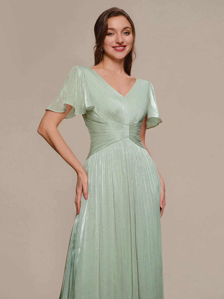 Color=Mint Green | B2B-Exclusive Short Sleeve Ruffle V-Neck A-Line Tea Length Wedding Guest Dresses-Mint Green 13