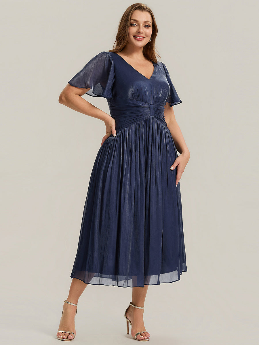 Color=Navy Blue | B2B-Exclusive Short Sleeve Ruffle V-Neck A-Line Tea Length Wedding Guest Dresses-Navy Blue 30