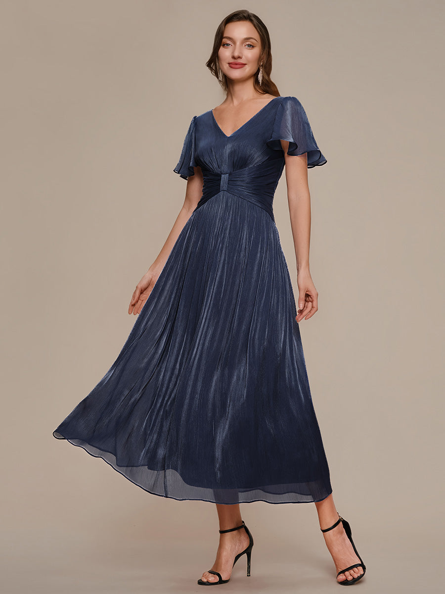 Color=Navy Blue | B2B-Exclusive Short Sleeve Ruffle V-Neck A-Line Tea Length Wedding Guest Dresses-Navy Blue 21