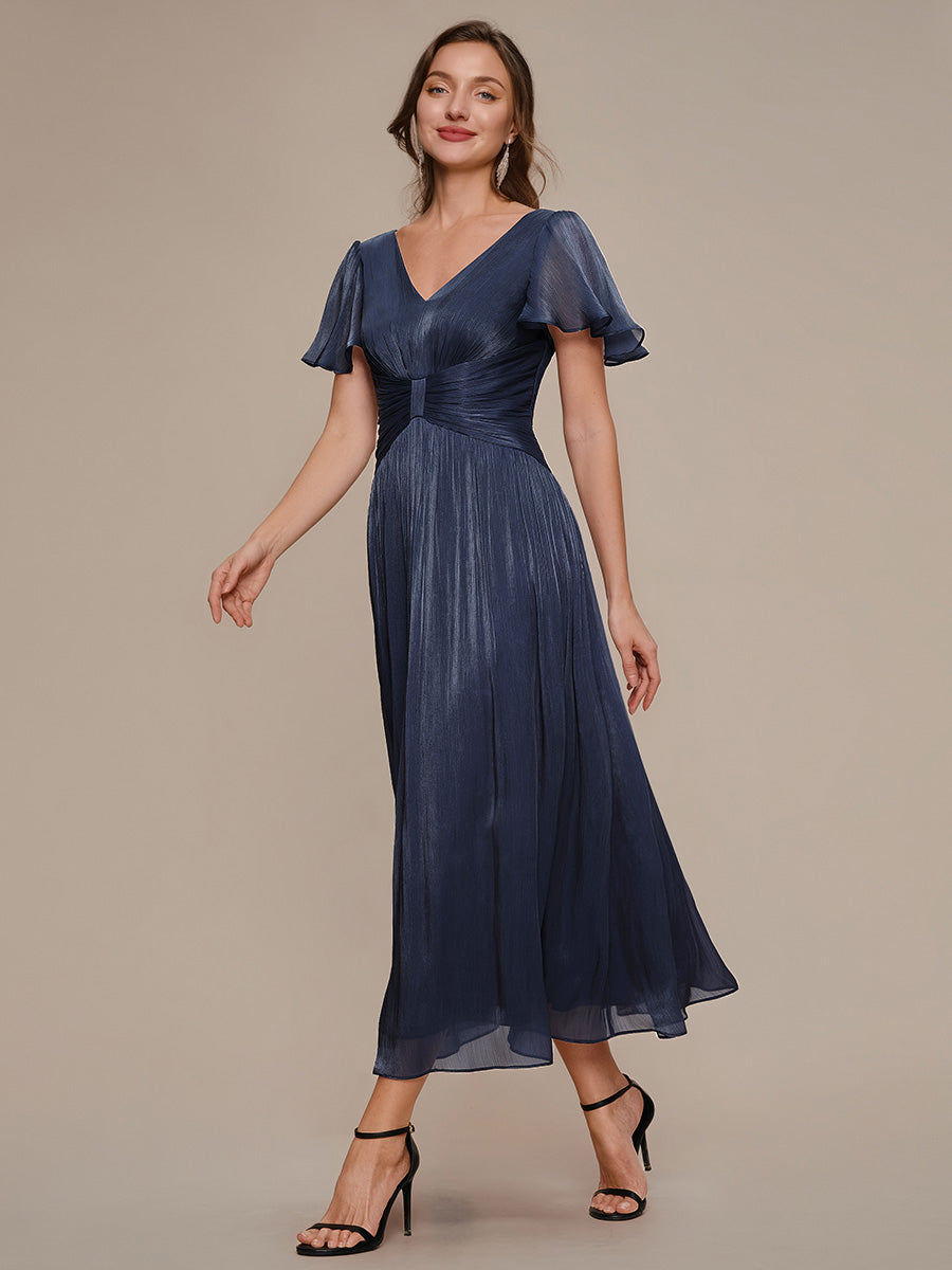 Color=Navy Blue | B2B-Exclusive Short Sleeve Ruffle V-Neck A-Line Tea Length Wedding Guest Dresses-Navy Blue 24