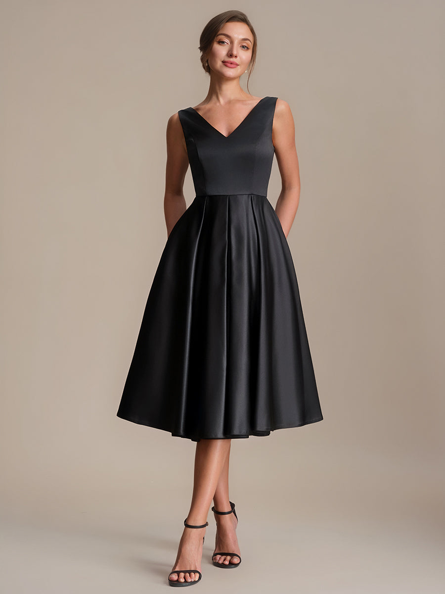 Color=Black | Factory Design Sleeveless V-Neck Pleated Ball-Gown Midi Wedding Guest Dresses-Black 1