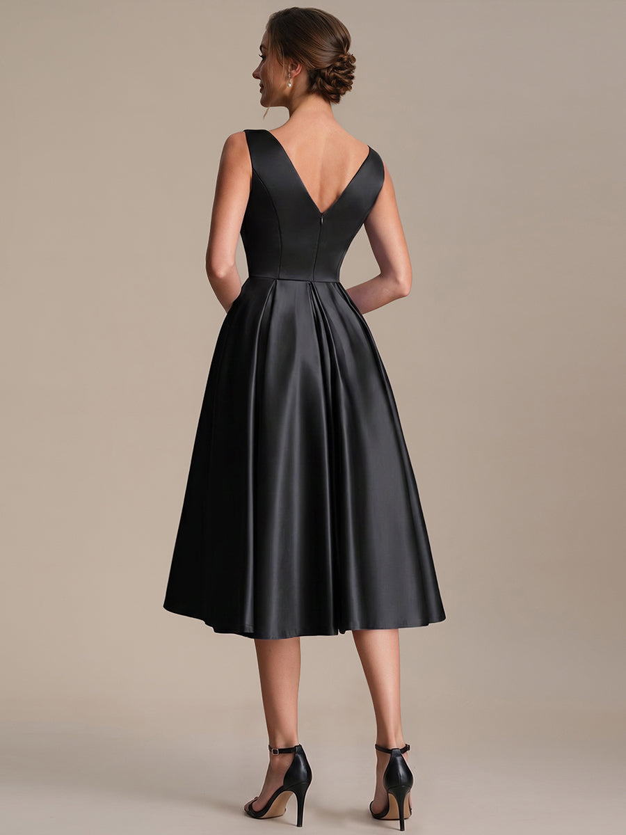 Color=Black | Factory Design Sleeveless V-Neck Pleated Ball-Gown Midi Wedding Guest Dresses-Black 2