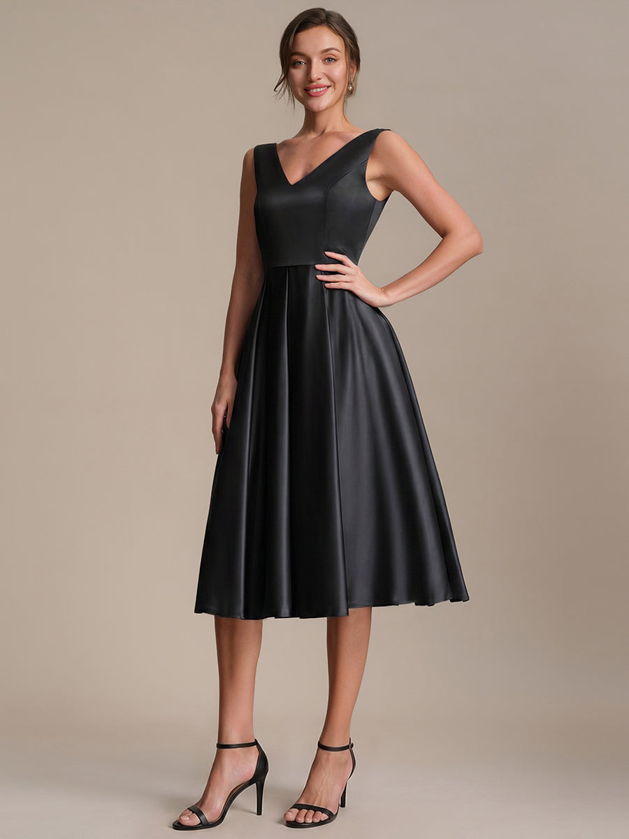 Color=Black | Factory Design Sleeveless V-Neck Pleated Ball-Gown Midi Wedding Guest Dresses-Black 3