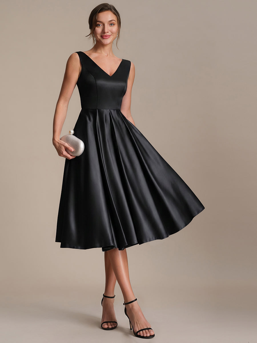 Color=Black | Factory Design Sleeveless V-Neck Pleated Ball-Gown Midi Wedding Guest Dresses-Black 4