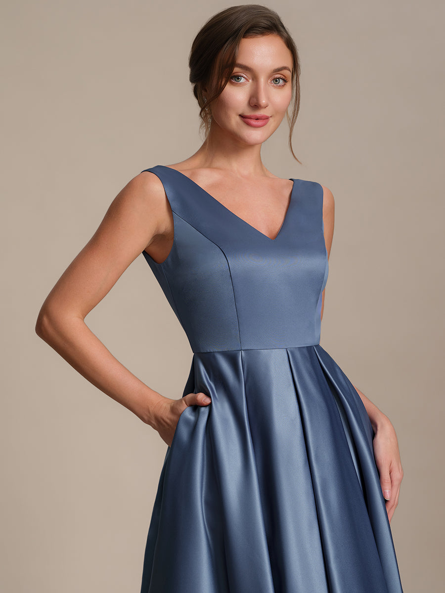 Color=Dusty Blue | Factory Design Sleeveless V-Neck Pleated Ball-Gown Midi Wedding Guest Dresses-Dusty Blue 3