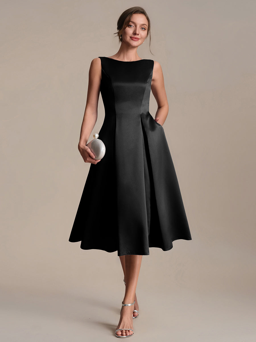 Color=Black | Volume Discounts Strapless Boat Neck Midi Ball-Gown Dress with Pockets | Wedding Guest Dresses-Black 1