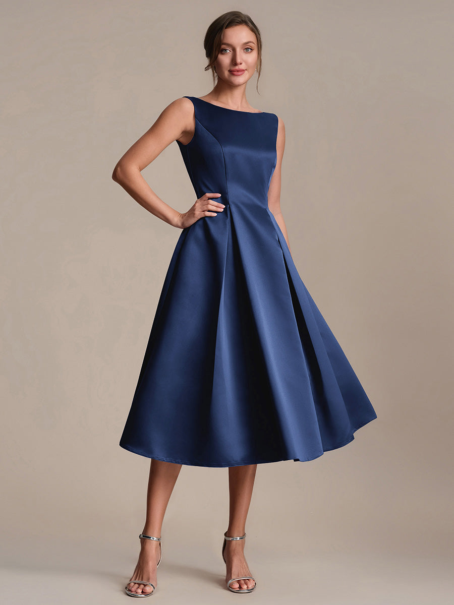 Color=Navy Blue | Volume Discounts Strapless Boat Neck Midi Ball-Gown Dress with Pockets | Wedding Guest Dresses-Navy Blue 24