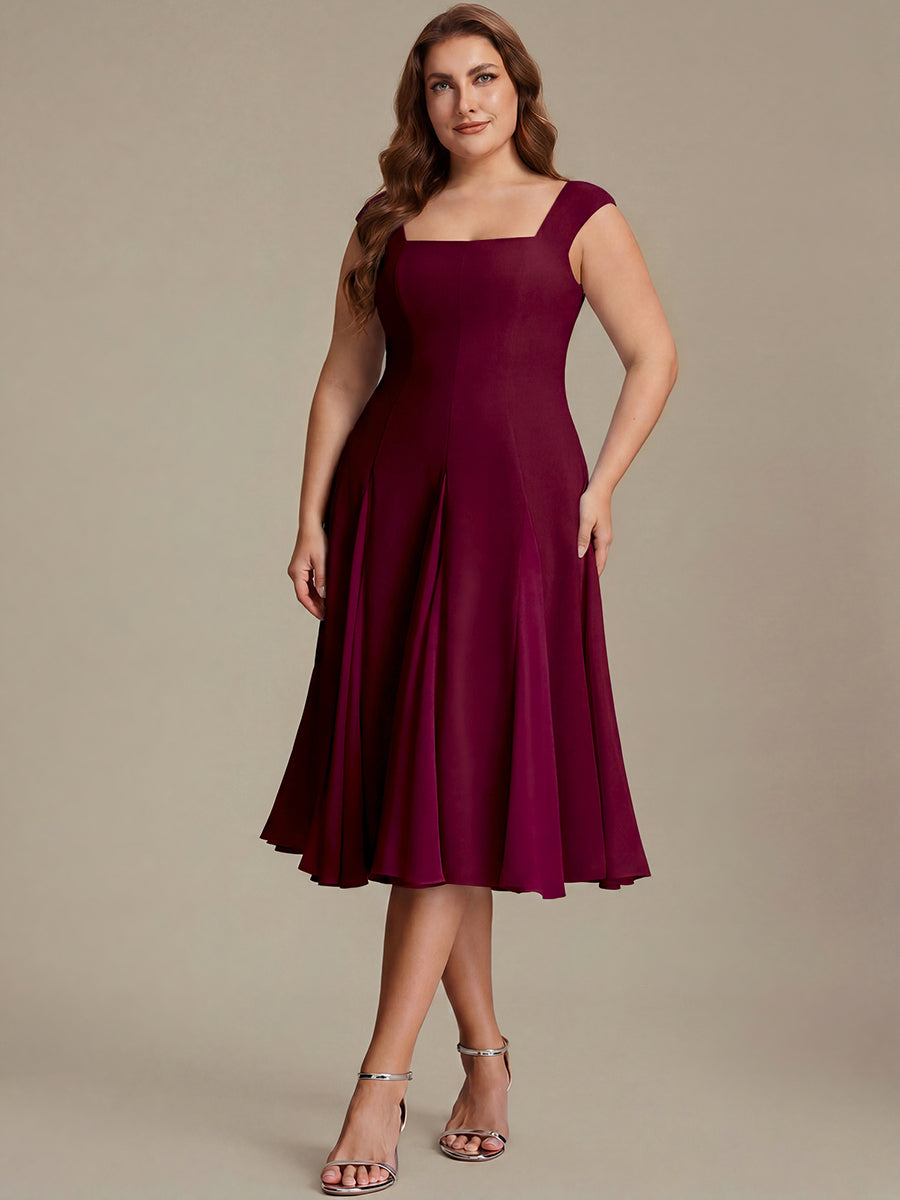 Color=Burgundy | One Stop Shop Short Sleeve Cap Sleeve Patchwork A-Line Midi Wedding Guest Dresses-Burgundy 16