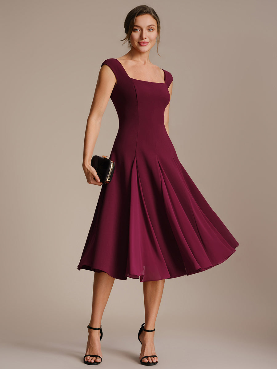 Color=Burgundy | One Stop Shop Short Sleeve Cap Sleeve Patchwork A-Line Midi Wedding Guest Dresses-Burgundy 11