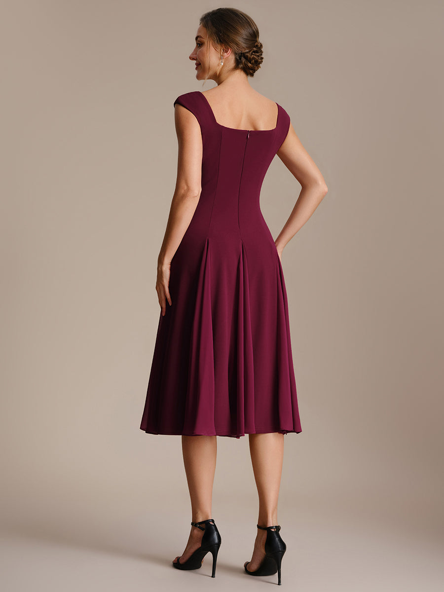 Color=Burgundy | One Stop Shop Short Sleeve Cap Sleeve Patchwork A-Line Midi Wedding Guest Dresses-Burgundy 12