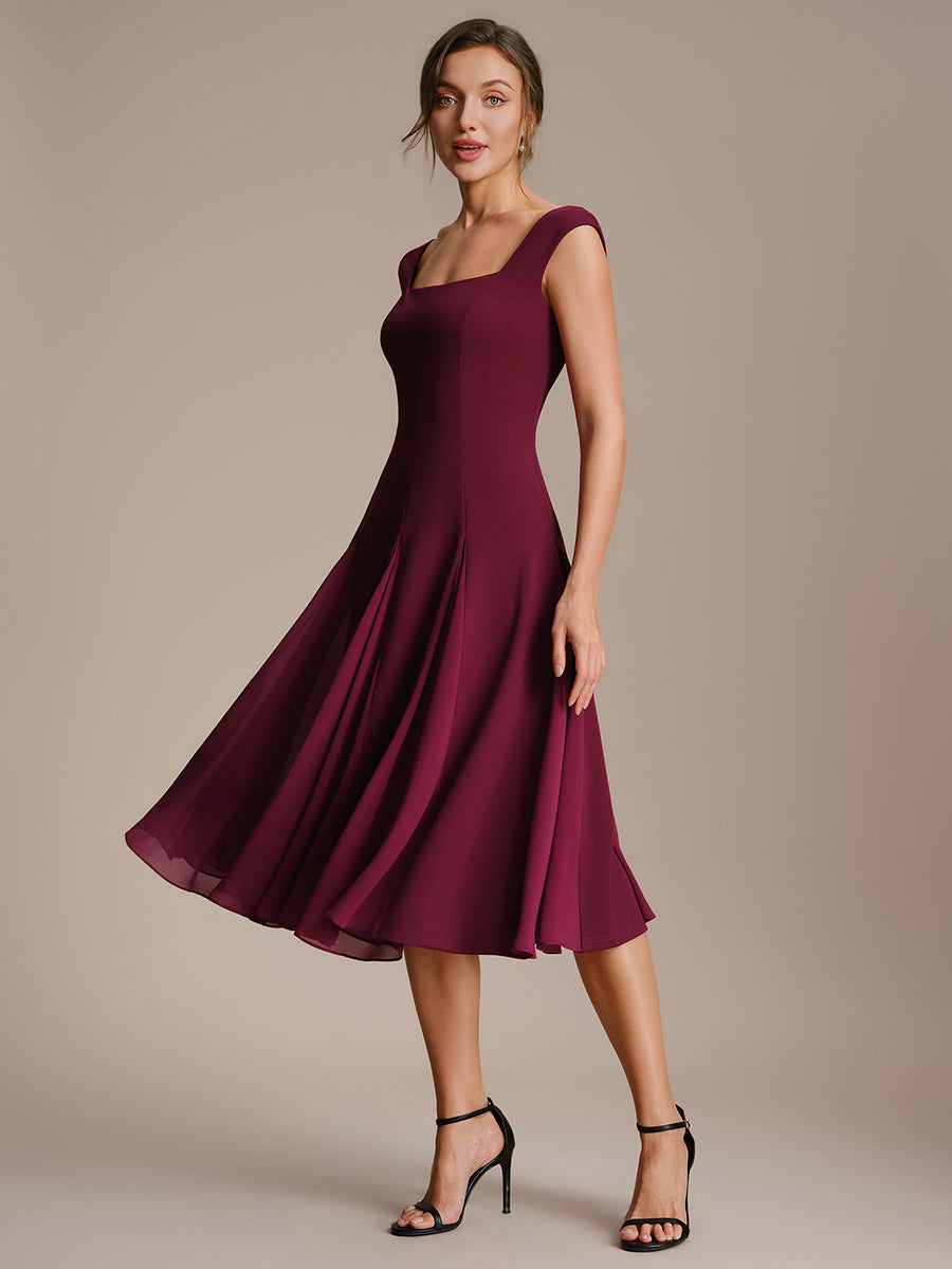 Color=Burgundy | One Stop Shop Short Sleeve Cap Sleeve Patchwork A-Line Midi Wedding Guest Dresses-Burgundy 14