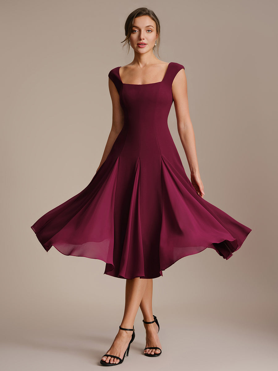 Color=Burgundy | One Stop Shop Short Sleeve Cap Sleeve Patchwork A-Line Midi Wedding Guest Dresses-Burgundy 15