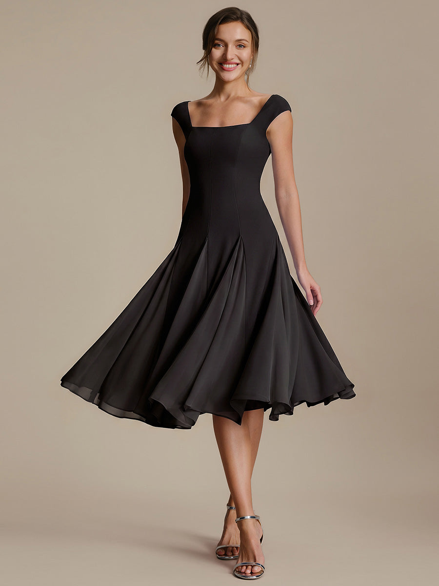 Color=Black | One Stop Shop Short Sleeve Cap Sleeve Patchwork A-Line Midi Wedding Guest Dresses-Black 1