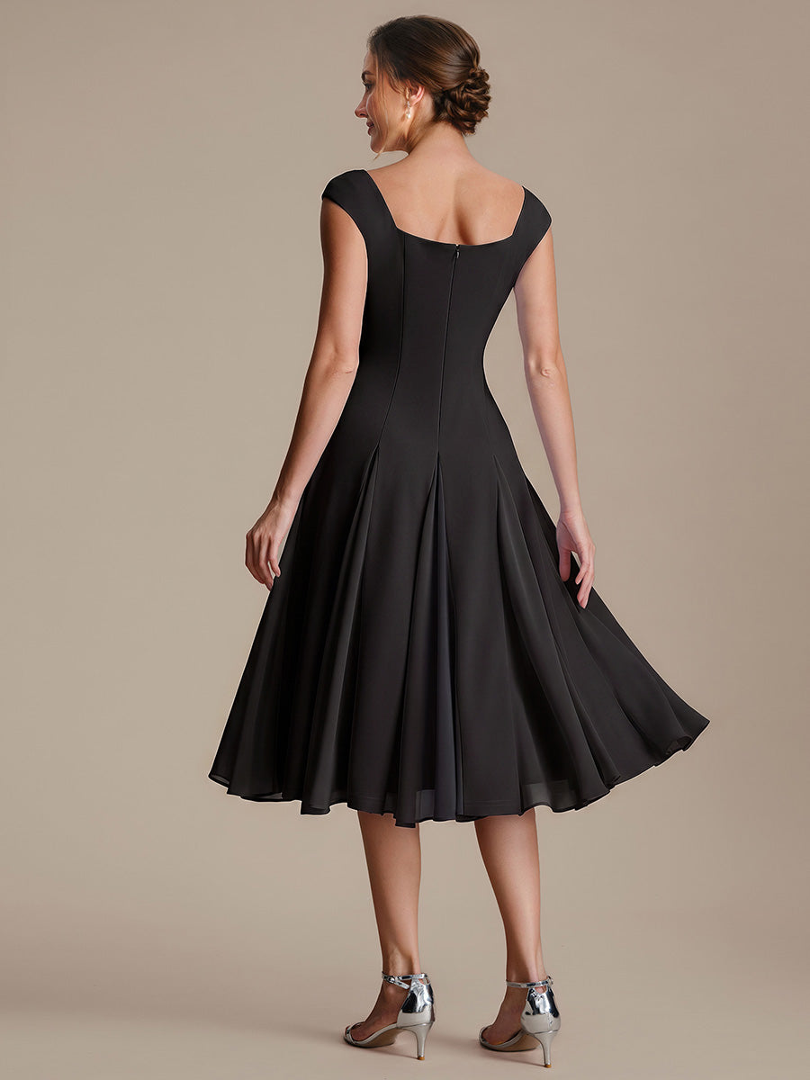 Color=Black | One Stop Shop Short Sleeve Cap Sleeve Patchwork A-Line Midi Wedding Guest Dresses-Black 2