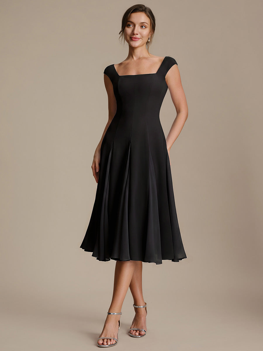 Color=Black | One Stop Shop Short Sleeve Cap Sleeve Patchwork A-Line Midi Wedding Guest Dresses-Black 4