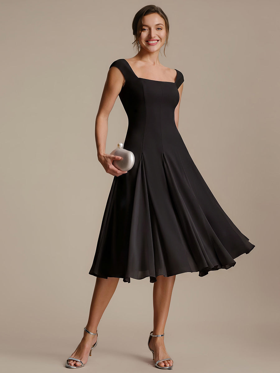 Color=Black | One Stop Shop Short Sleeve Cap Sleeve Patchwork A-Line Midi Wedding Guest Dresses-Black 5