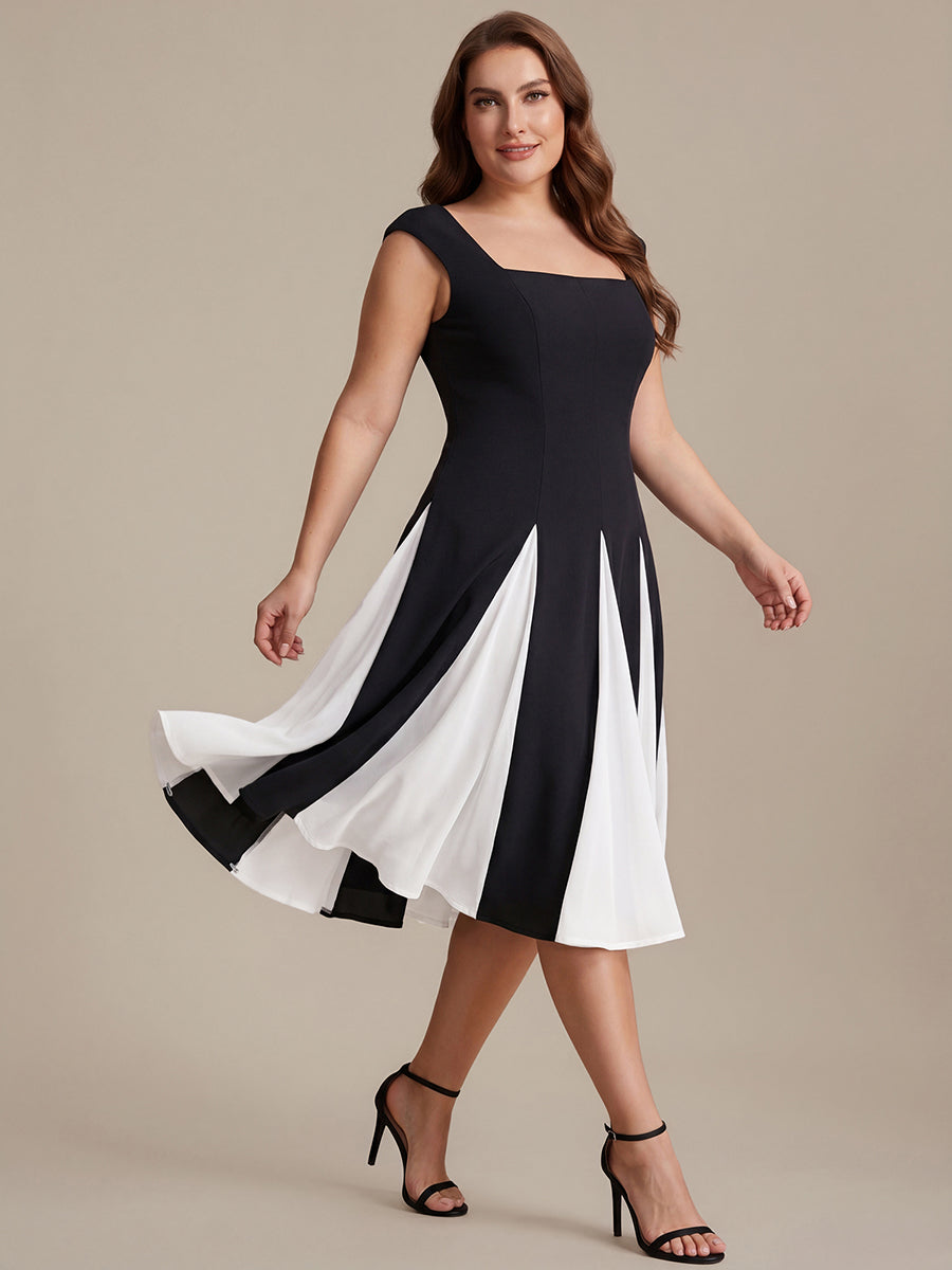 Color=Ivory-Black | One Stop Shop Short Sleeve Cap Sleeve Patchwork A-Line Midi Wedding Guest Dresses-Ivory-Black 30