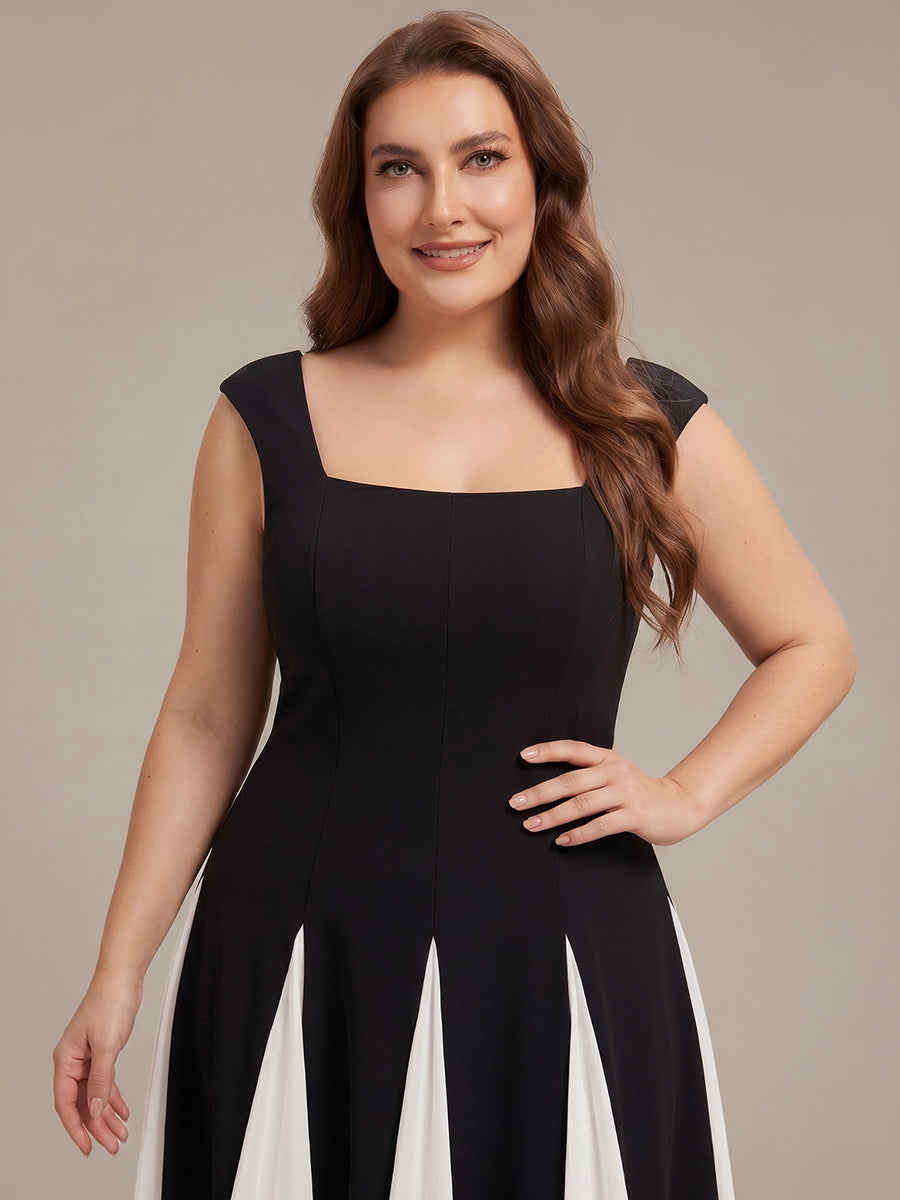 Color=Ivory-Black | One Stop Shop Short Sleeve Cap Sleeve Patchwork A-Line Midi Wedding Guest Dresses-Ivory-Black 28