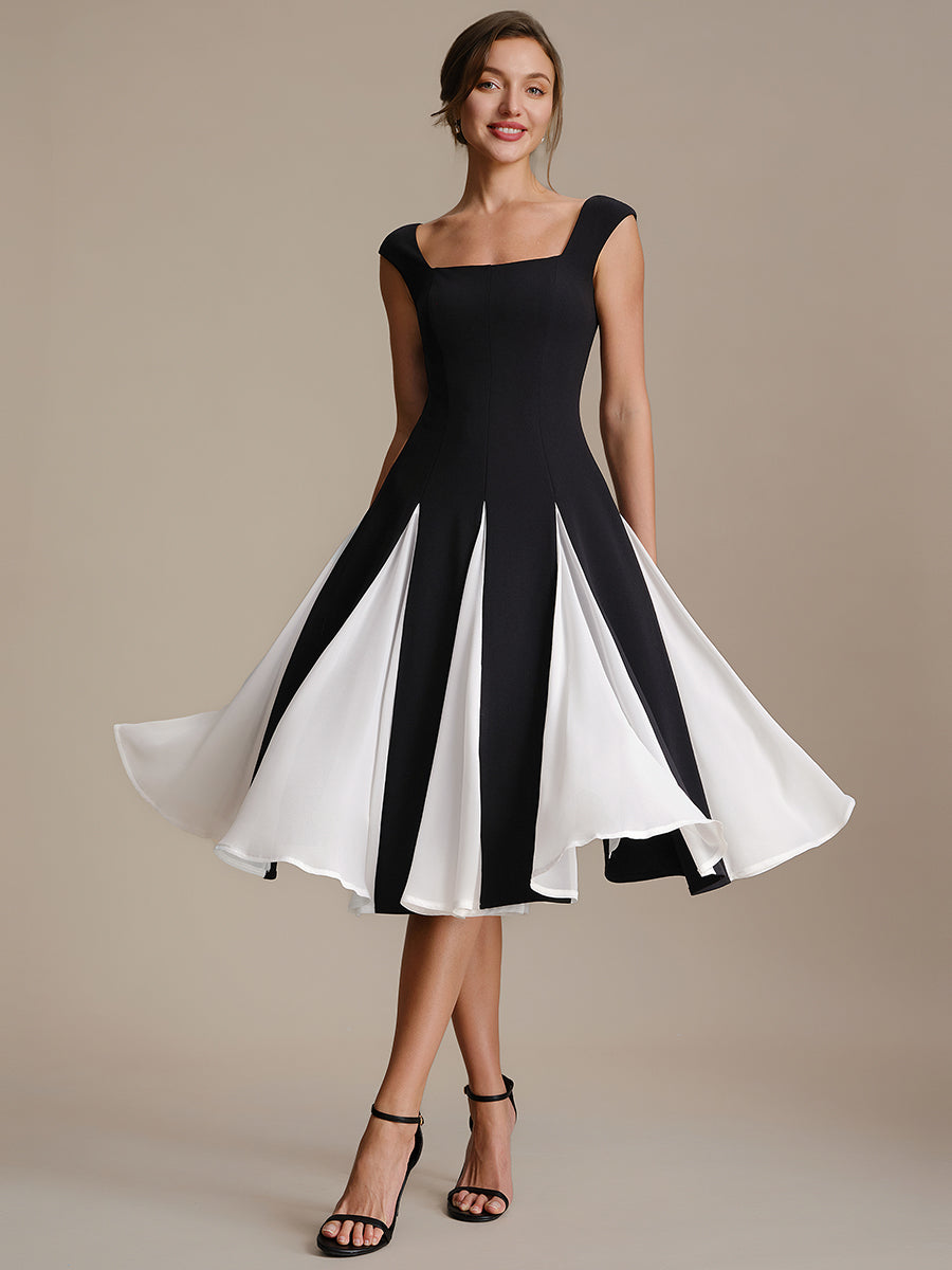 Color=Ivory-Black | One Stop Shop Short Sleeve Cap Sleeve Patchwork A-Line Midi Wedding Guest Dresses-Ivory-Black 21