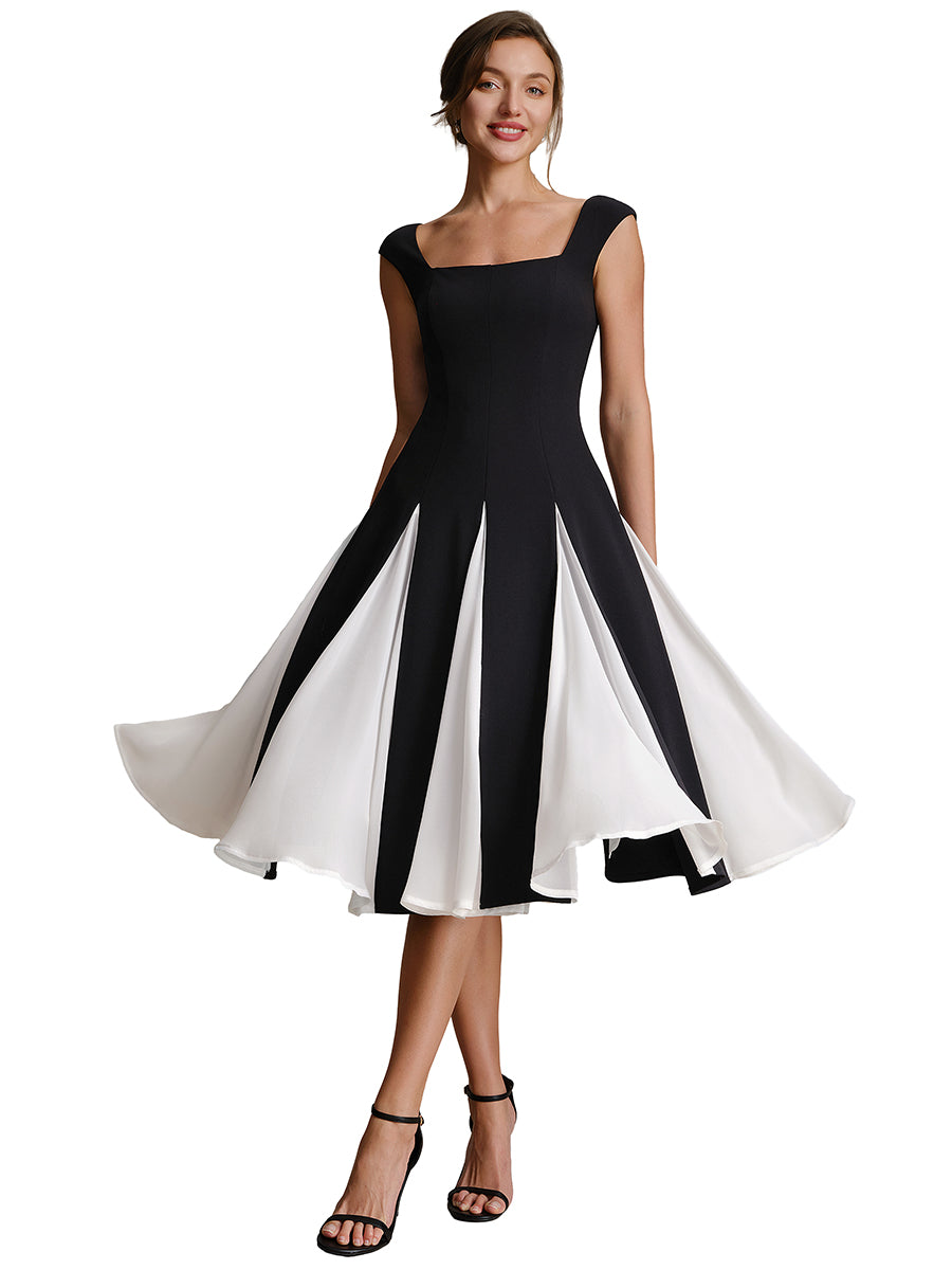 Color=Ivory-Black | Wholesale Strapless High Stretch Ball-Gown Midi Square Neck Wedding Guest Dresses-Ivory-Black 2