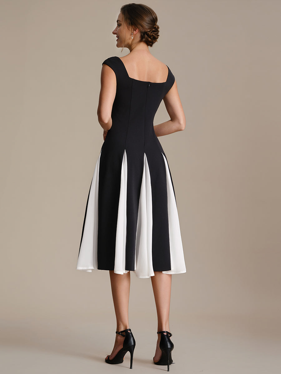 Color=Ivory-Black | One Stop Shop Short Sleeve Cap Sleeve Patchwork A-Line Midi Wedding Guest Dresses-Ivory-Black 22