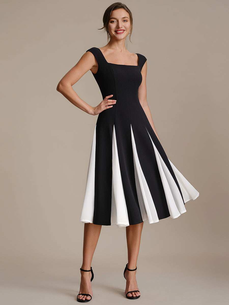 Color=Ivory-Black | One Stop Shop Short Sleeve Cap Sleeve Patchwork A-Line Midi Wedding Guest Dresses-Ivory-Black 25